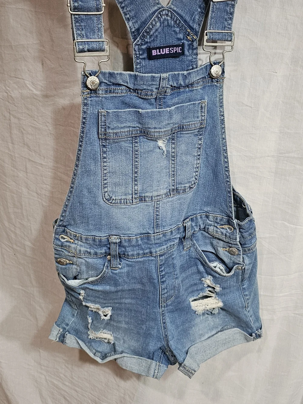 Blue Spice Light Blue Distressed Denim Short Overalls Bibs Size 5 Woman/juniors.